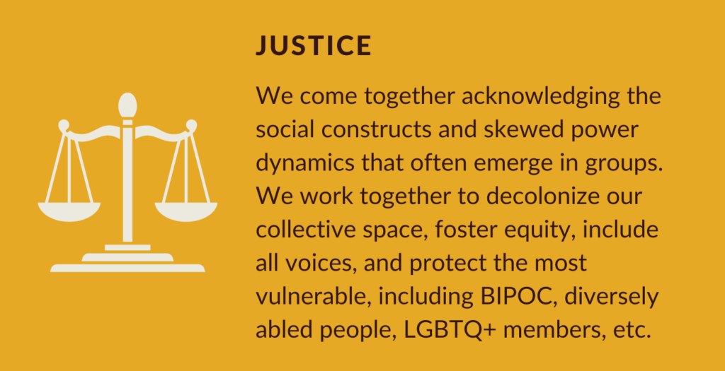 Our Value Justice. We come together acknowledging the social constructs and skewed power dynamics that often emerge in groups. We work together to decolonize our collective space, foster equity, include all voices, and protect the most vulnerable, including BIPOC, diversely abled people, LGBTQ+ members, etc.